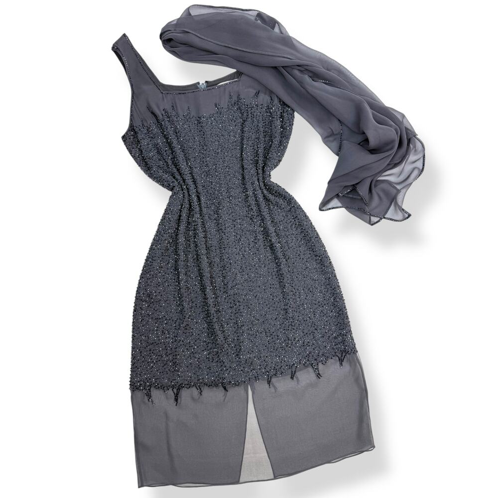 BASIX II pure silk gray beaded cocktail party dress with matching shawl SIZE 12